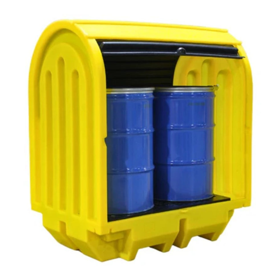 BP2HCS Hard Covered Drum Spill Pallet with Lockable Roller Shut Door & Shelves Spill Pallet > Covered Spill Pallet Bunds > Spill Containment > Spill Control > Romold > One Stop For Safety   