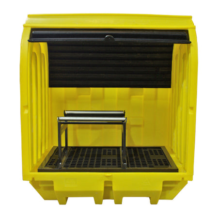 BP2HCH Hard Covered Drum Spill Pallet with Lockable Roller Shutter Door & Horizontal Drum Dispensing Stand Spill Pallet > Covered Spill Pallet Bunds > Spill Containment > Spill Control > Romold > One Stop For Safety   