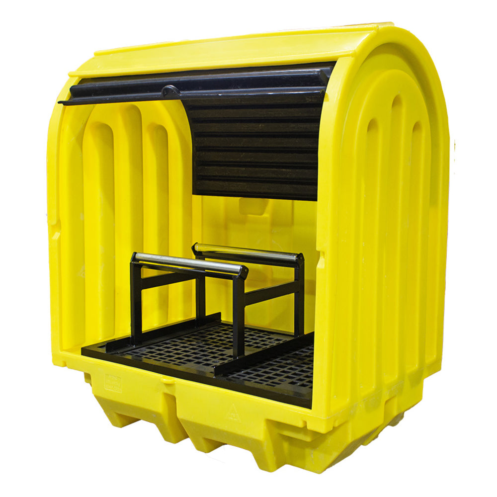 BP2HCH Hard Covered Drum Spill Pallet with Lockable Roller Shutter Door & Horizontal Drum Dispensing Stand Spill Pallet > Covered Spill Pallet Bunds > Spill Containment > Spill Control > Romold > One Stop For Safety   