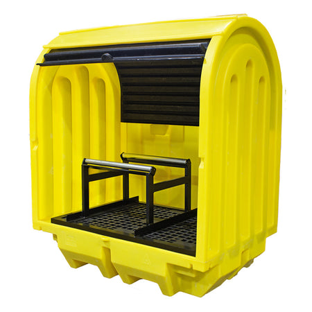 BP2HCH Hard Covered Drum Spill Pallet with Lockable Roller Shutter Door & Horizontal Drum Dispensing Stand Spill Pallet > Covered Spill Pallet Bunds > Spill Containment > Spill Control > Romold > One Stop For Safety   