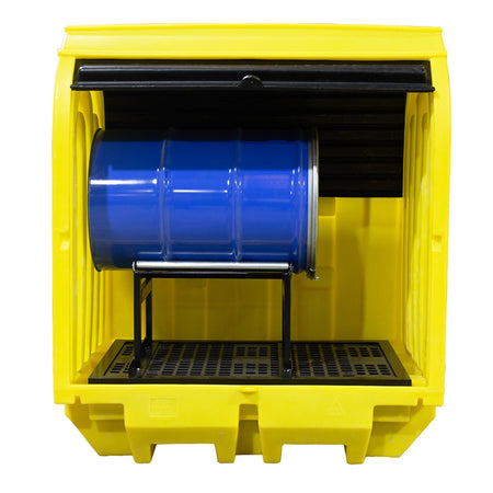 BP2HCH Hard Covered Drum Spill Pallet with Lockable Roller Shutter Door & Horizontal Drum Dispensing Stand Spill Pallet > Covered Spill Pallet Bunds > Spill Containment > Spill Control > Romold > One Stop For Safety   