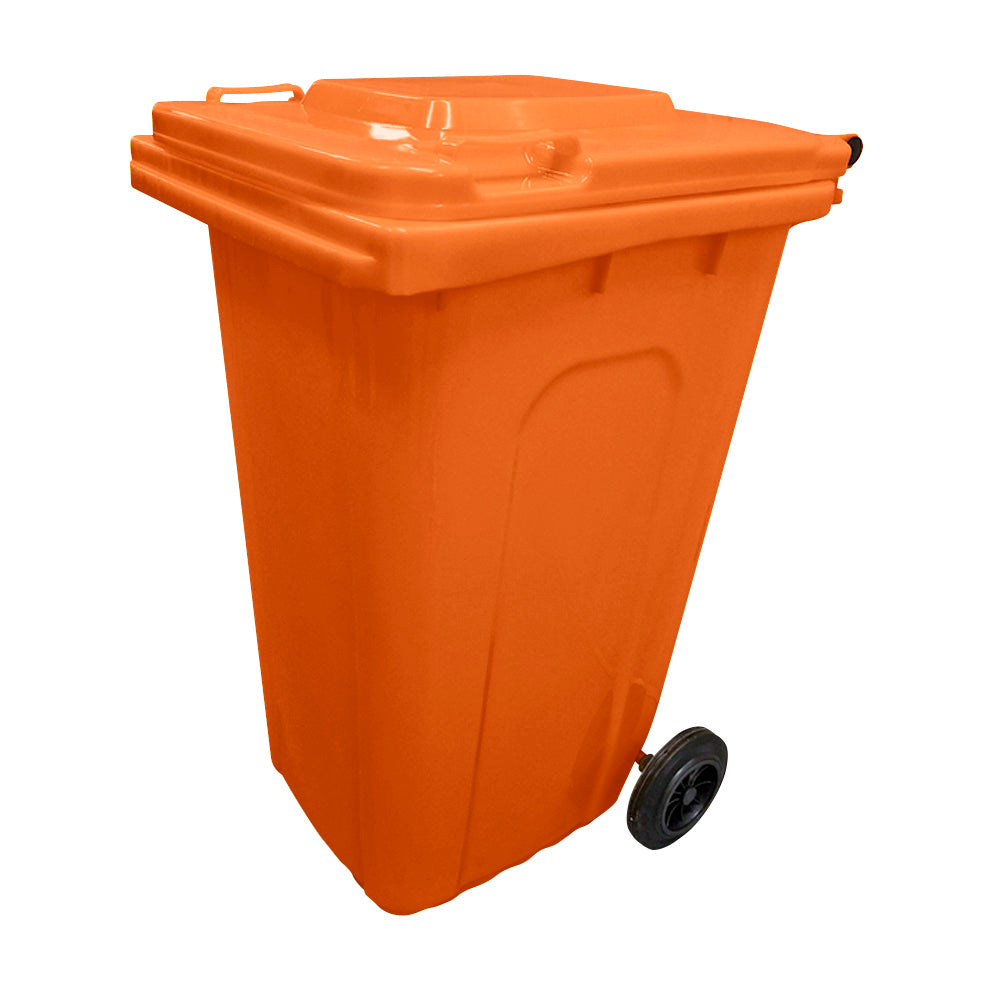 240 Litre Wheelie Bin with 2 Fitted Wheels & Handle Lid in Orange Cleaning > Hygiene > Maintenance > Janitorial > Wheelie Bins One Stop For Safety   