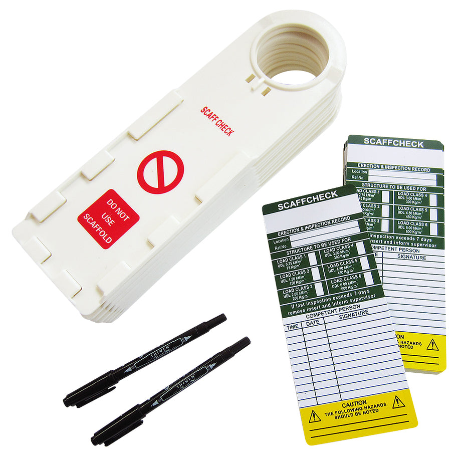 Scaffold Check Inspection Tag Kit - 10 Holders, 20 Double Sided Inserts and 2 Marker Pens Scaffold > Scaffold Inspection Kits > Tags > Holders One Stop For Safety    