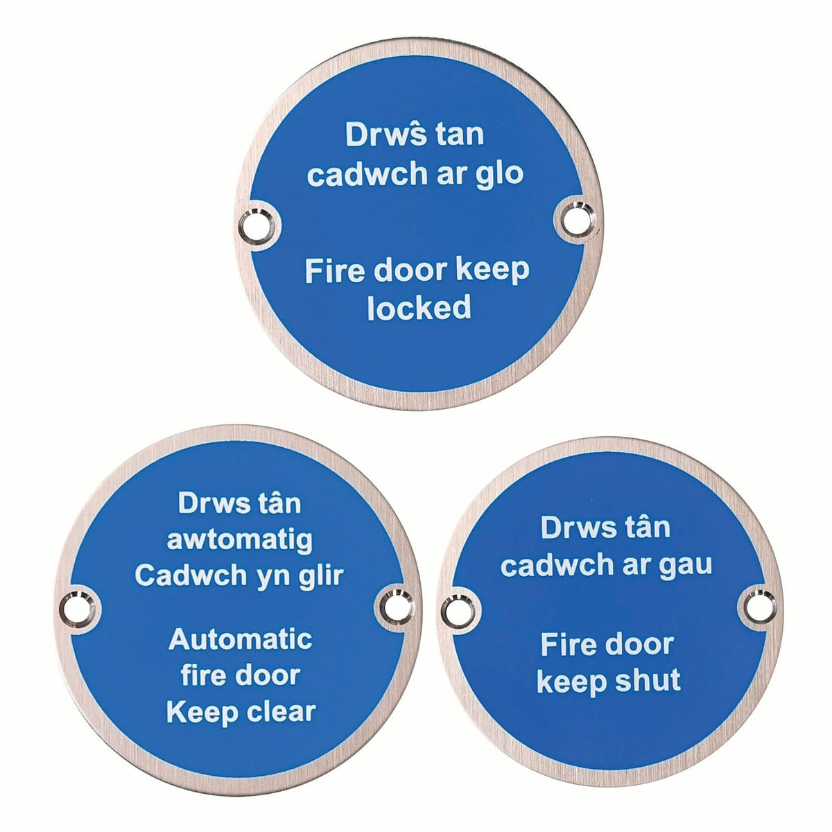 76mm Diameter Automatic Fire Door Keep Clear Multi Lingual Sign in Satin Stainless Steel Hardware > Door Signs > Safety Signs > 76mm > One Stop For Safety   
