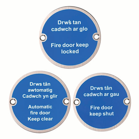 76mm Diameter Automatic Fire Door Keep Clear Multi Lingual Sign in Satin Stainless Steel Hardware > Door Signs > Safety Signs > 76mm > One Stop For Safety   